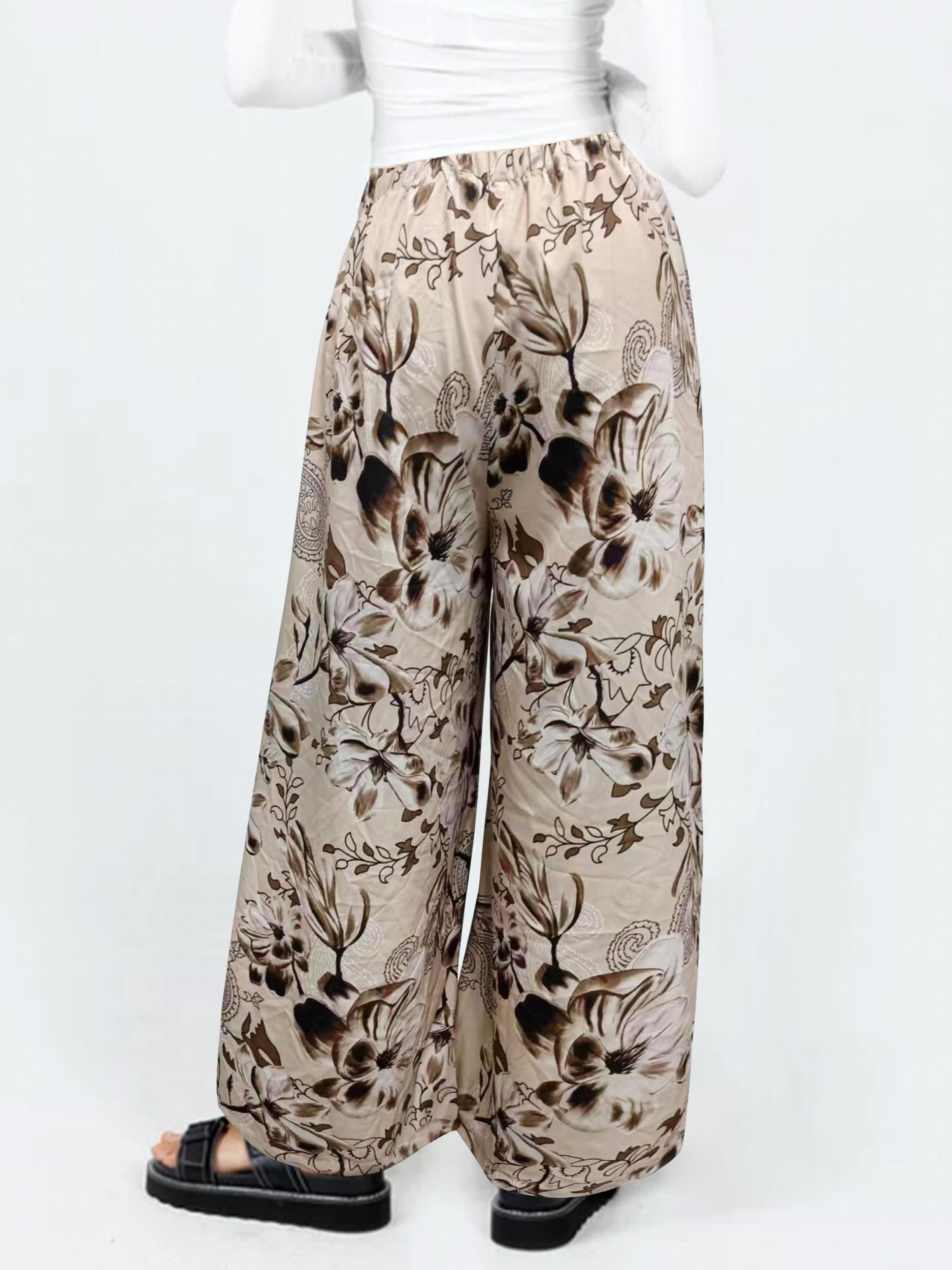  Floral Print Wide Leg Trousers with Drawstring Waist