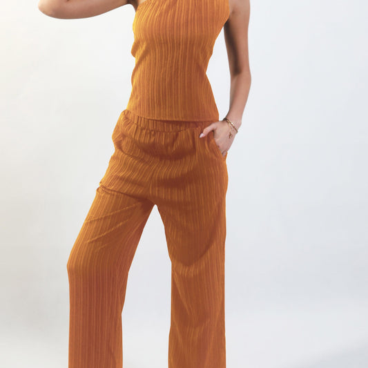 Ribbed Two piece Set One Shoulder Top & Wide Leg Pants
