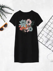  Floral Print Short Sleeve Tee Dress