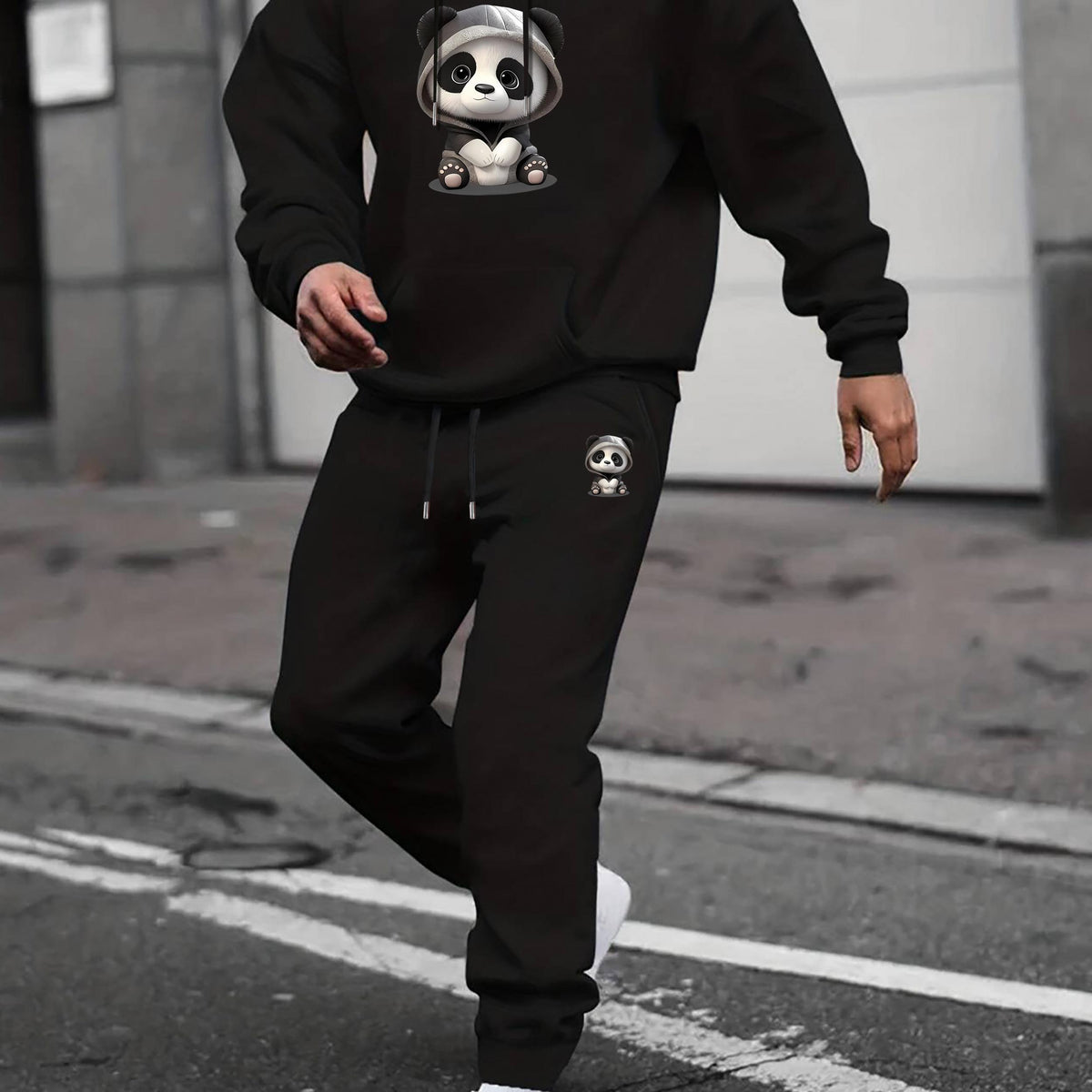 Panda Print Men's 2Pcs Outfits Crew Neck Long Sleeve T Shirt Hooded Sweat
