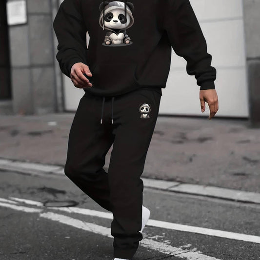 Panda Print Men's 2Pcs Outfits Crew Neck Long Sleeve T Shirt Hooded Sweat