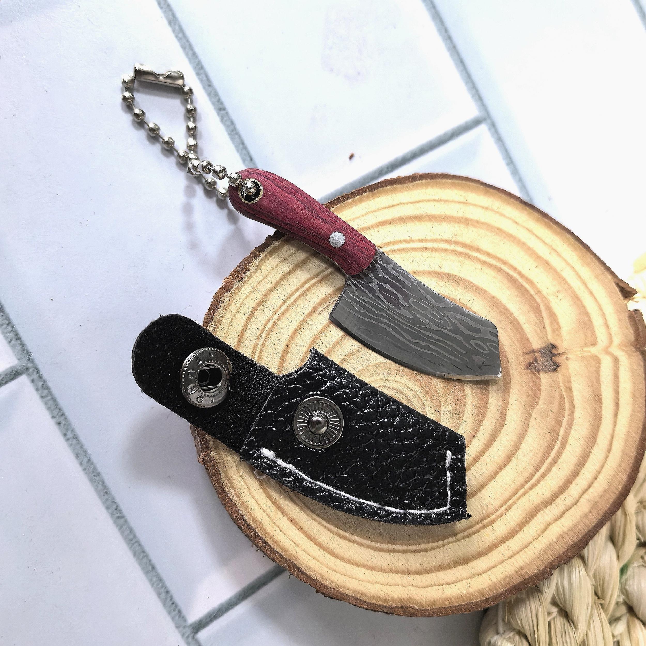 Mini Damascus Pattern Toy Keychain with Leather Cover