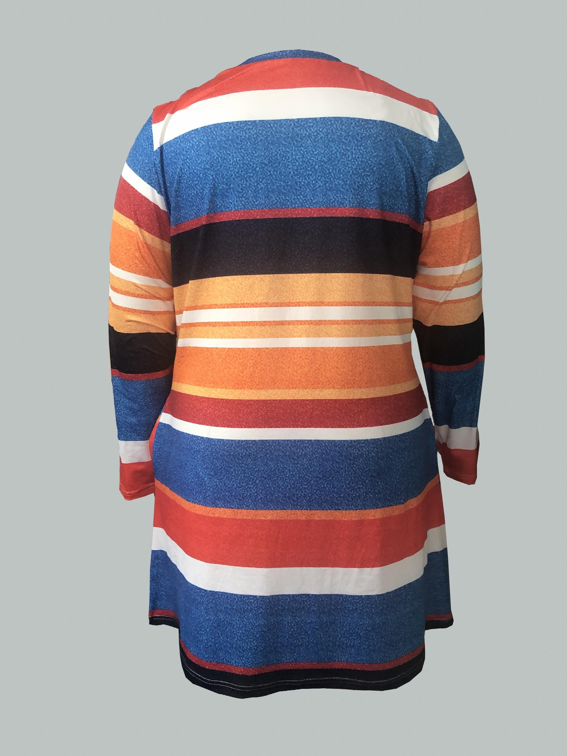  Colorblock Stripe Print Long Sleeve Dress With Pockets