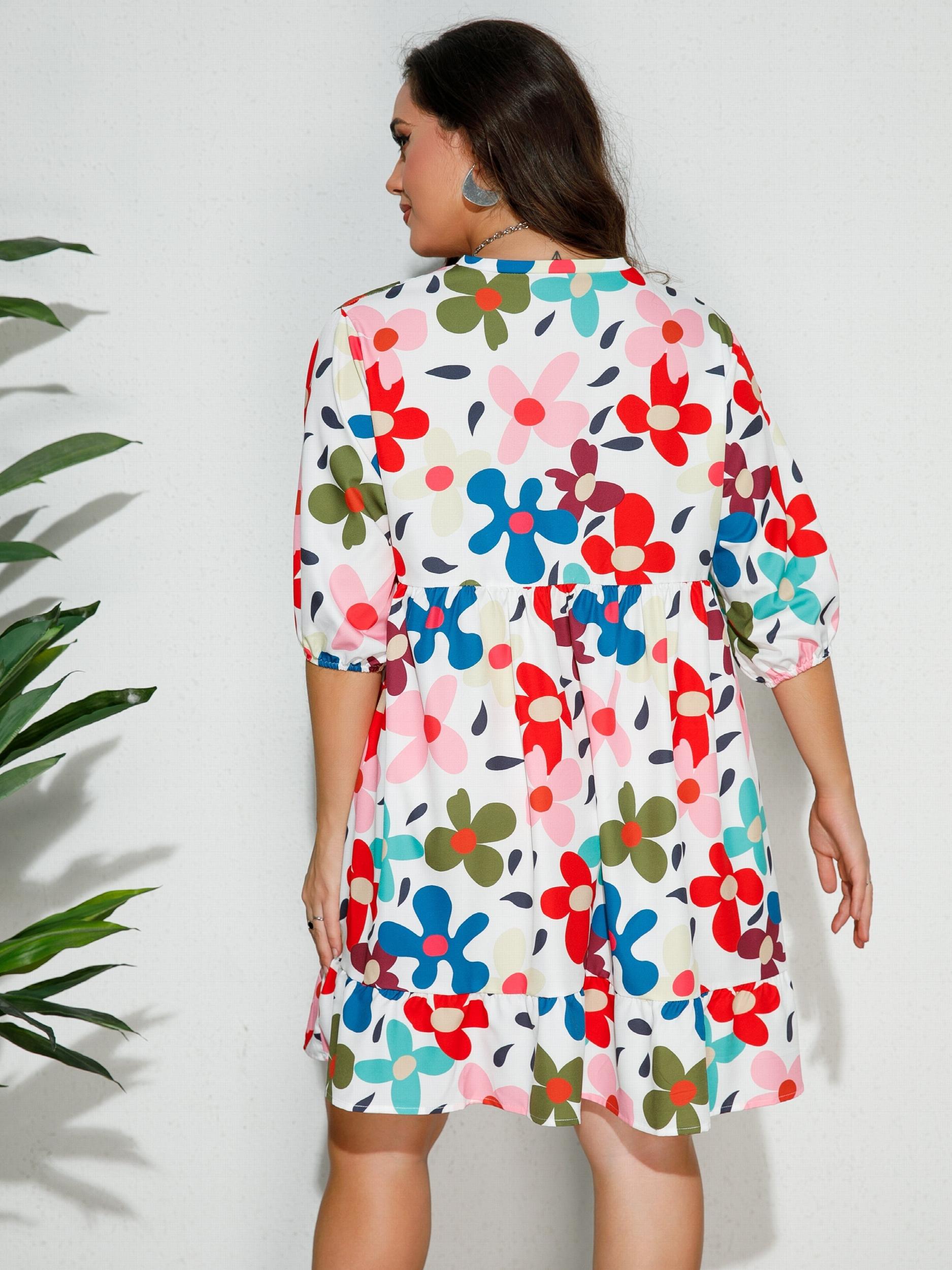  Retro Floral Print V Neck Ruffle Trim Smock Dress