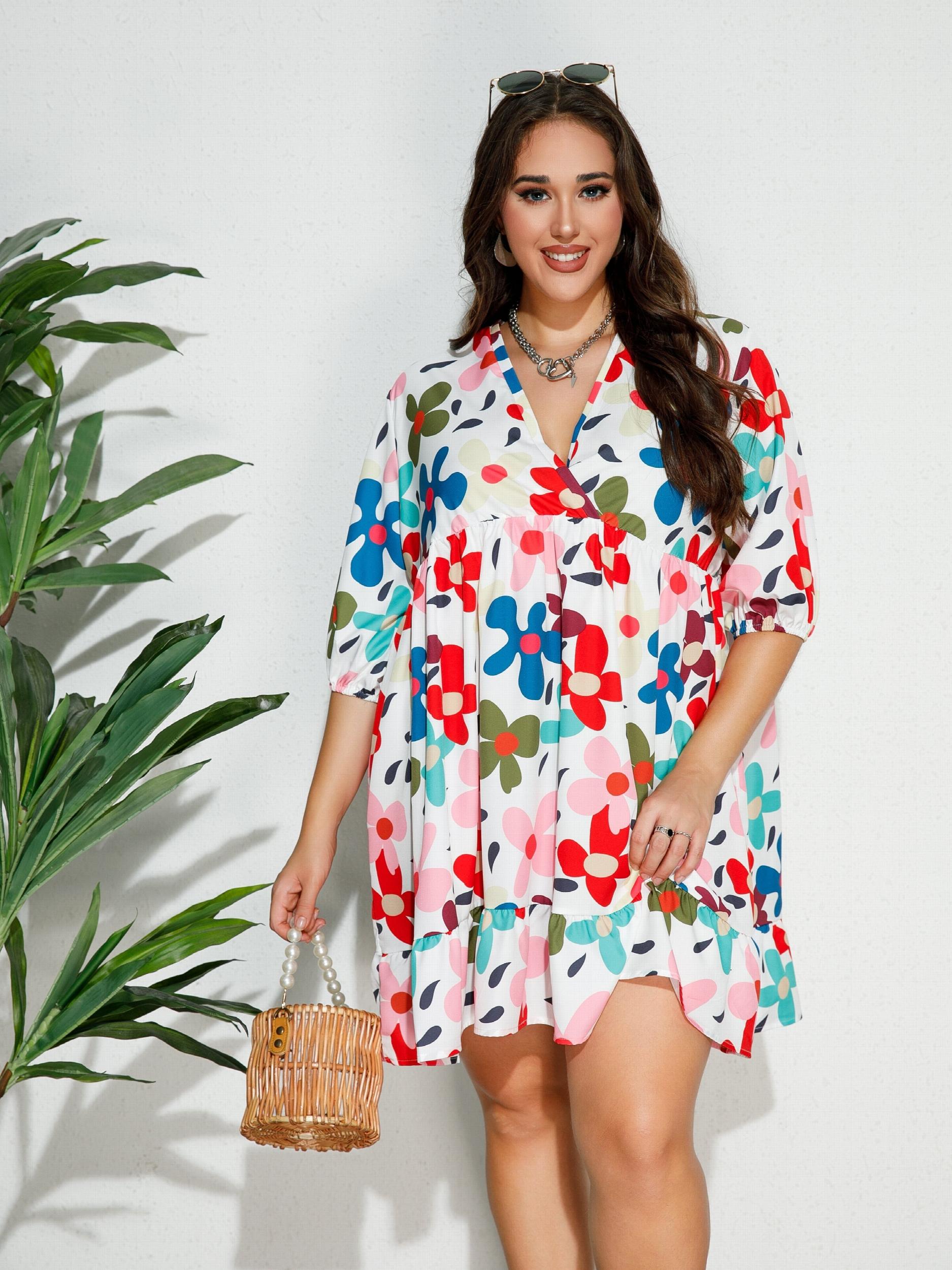  Retro Floral Print V Neck Ruffle Trim Smock Dress