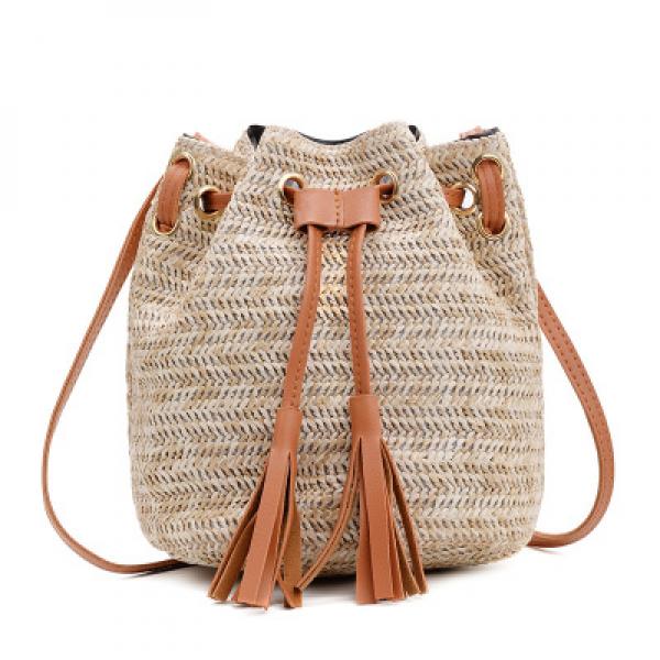 Vintage Small Rattan Bucket Bag Tassel Drawstring Shoulder Bag