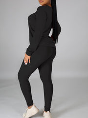 Solid Casual Two piece Set Crew Neck Long Sleeve Tops & Elastic Waist Pants