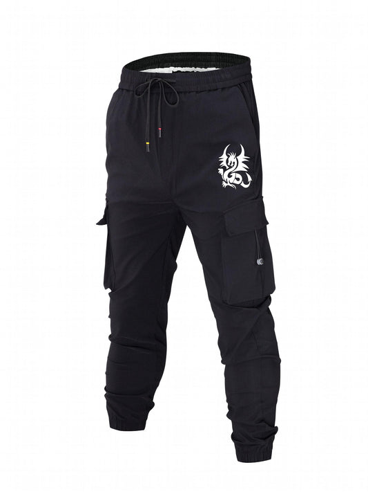 Dragon Print Cargo Pants Men Casual Drawstring Joggers Summer Autumn