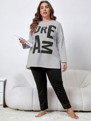  Lounge Set Women's Plus Letter Print Long Sleeve Tee & Pants