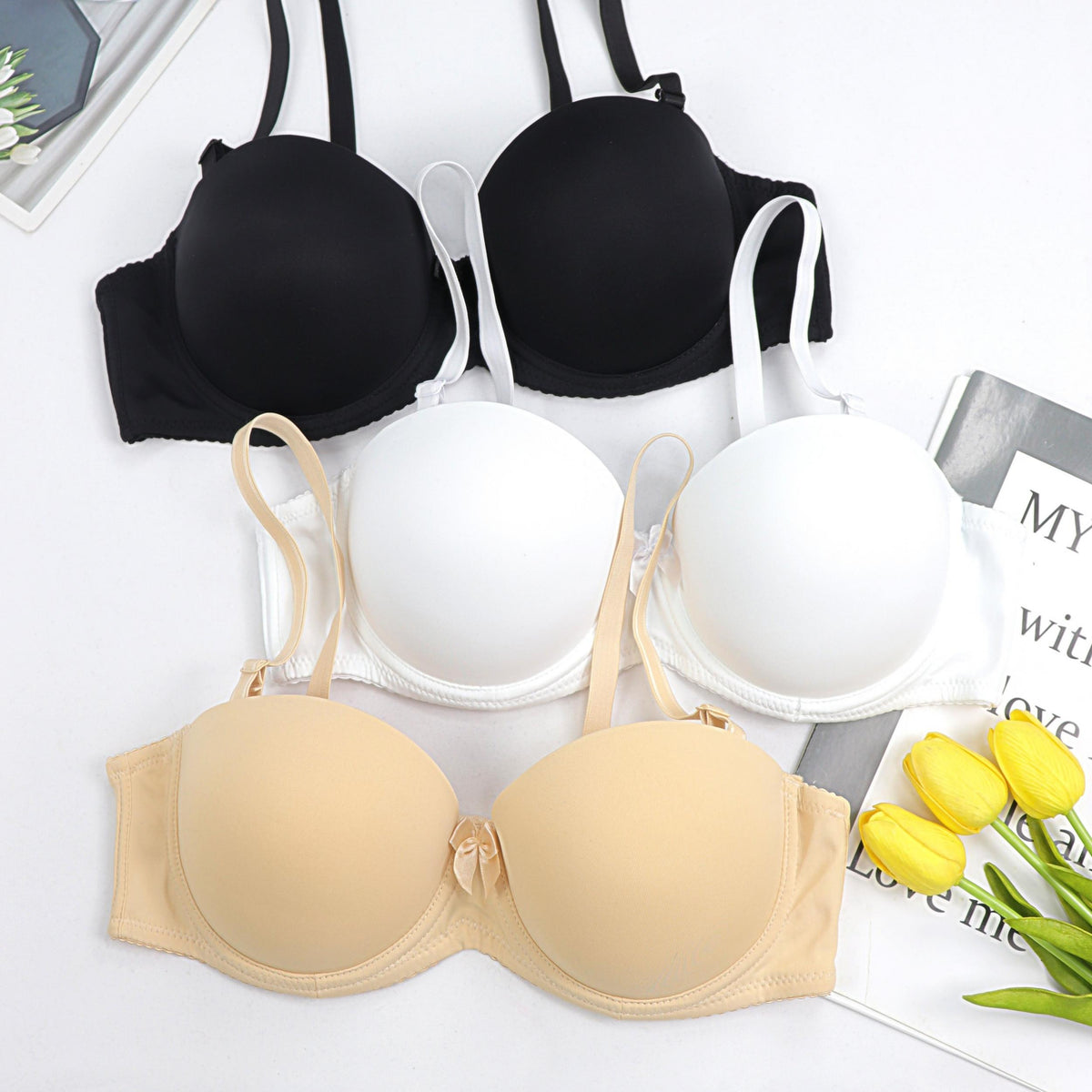 3pcs Bow Balconette Bras Push Up T Shirt Bra Women's Lingerie
