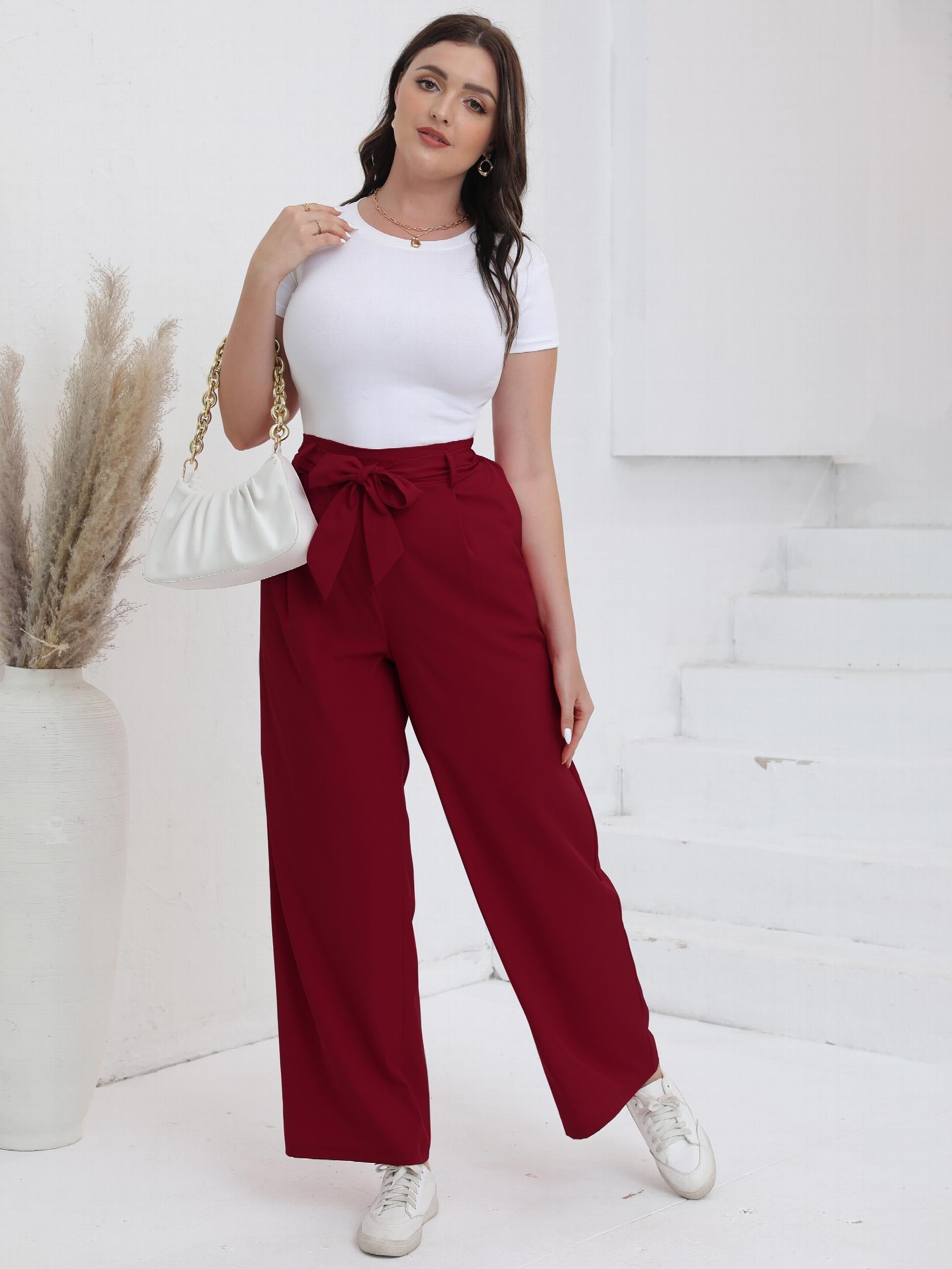  Solid High Rise Wide Leg Trousers With Belt