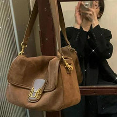 Retro Underarm Bag Cowhide Suede Female Shoulder Handbag