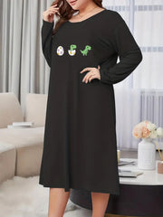  Dinosaur Eggs Print Long Sleeve Round Neck Tee Sleep Dress