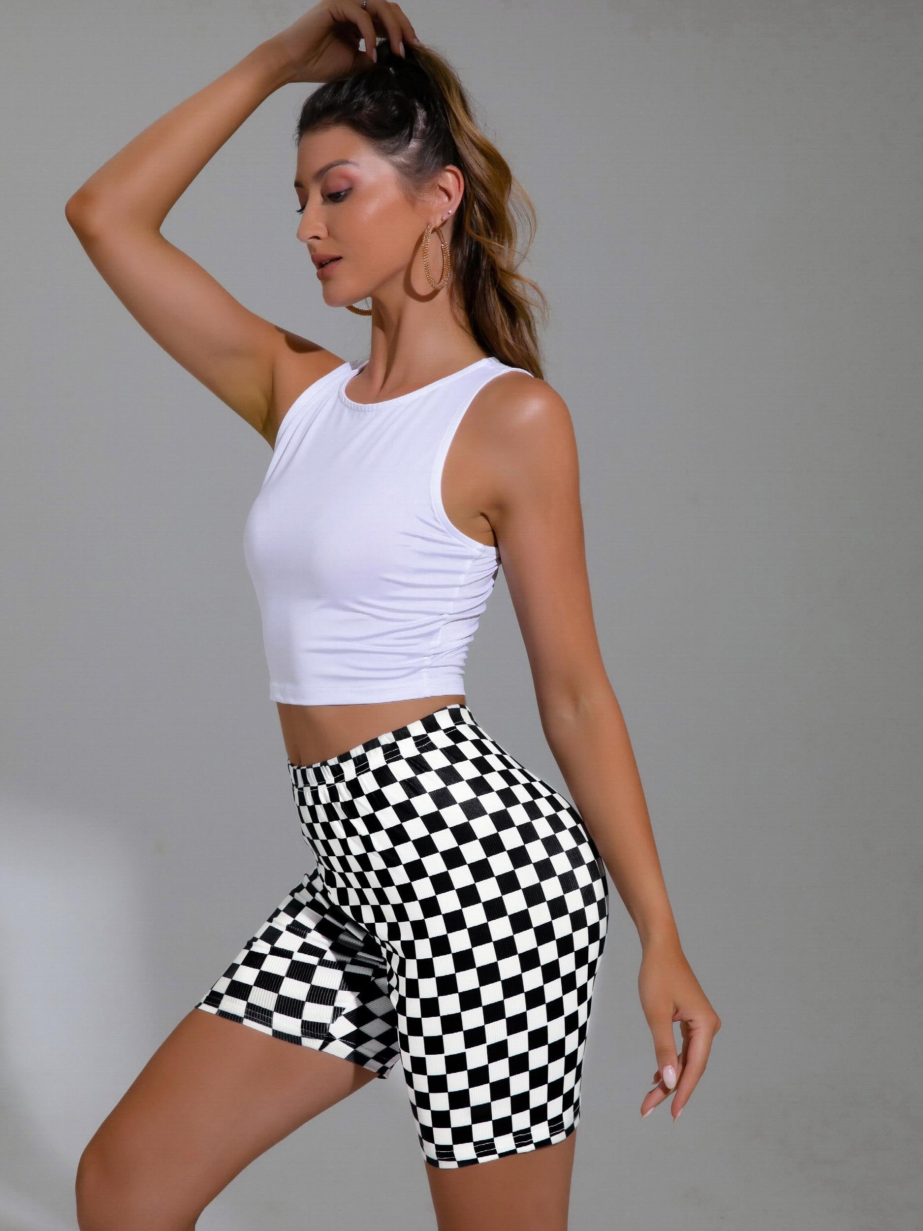 Women's Checkerboard Print Sports Shorts for Summer Running and Fitness