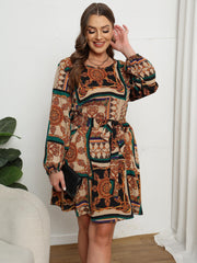  Baroque Print Lantern Sleeve Round Neck Dress With Belt