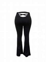  Solid Criss Cross Cut Out Back High Rise Flared Leg Trousers