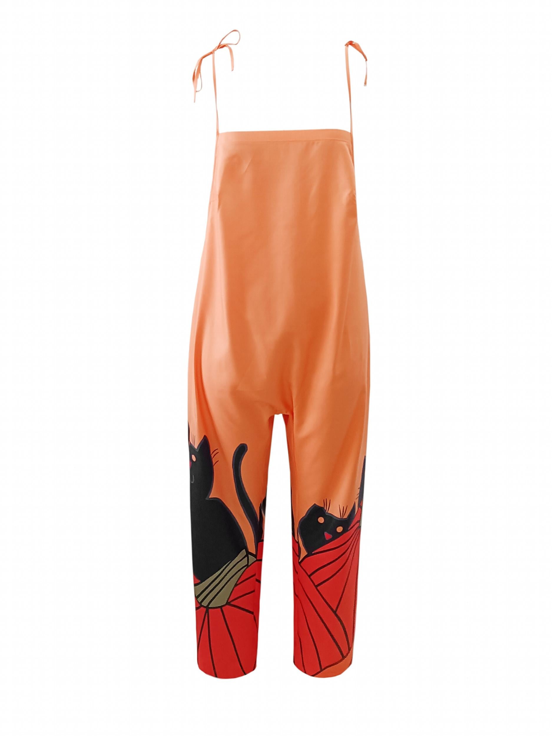  Cat & Pumpkin Print Wide Leg Jumpsuit