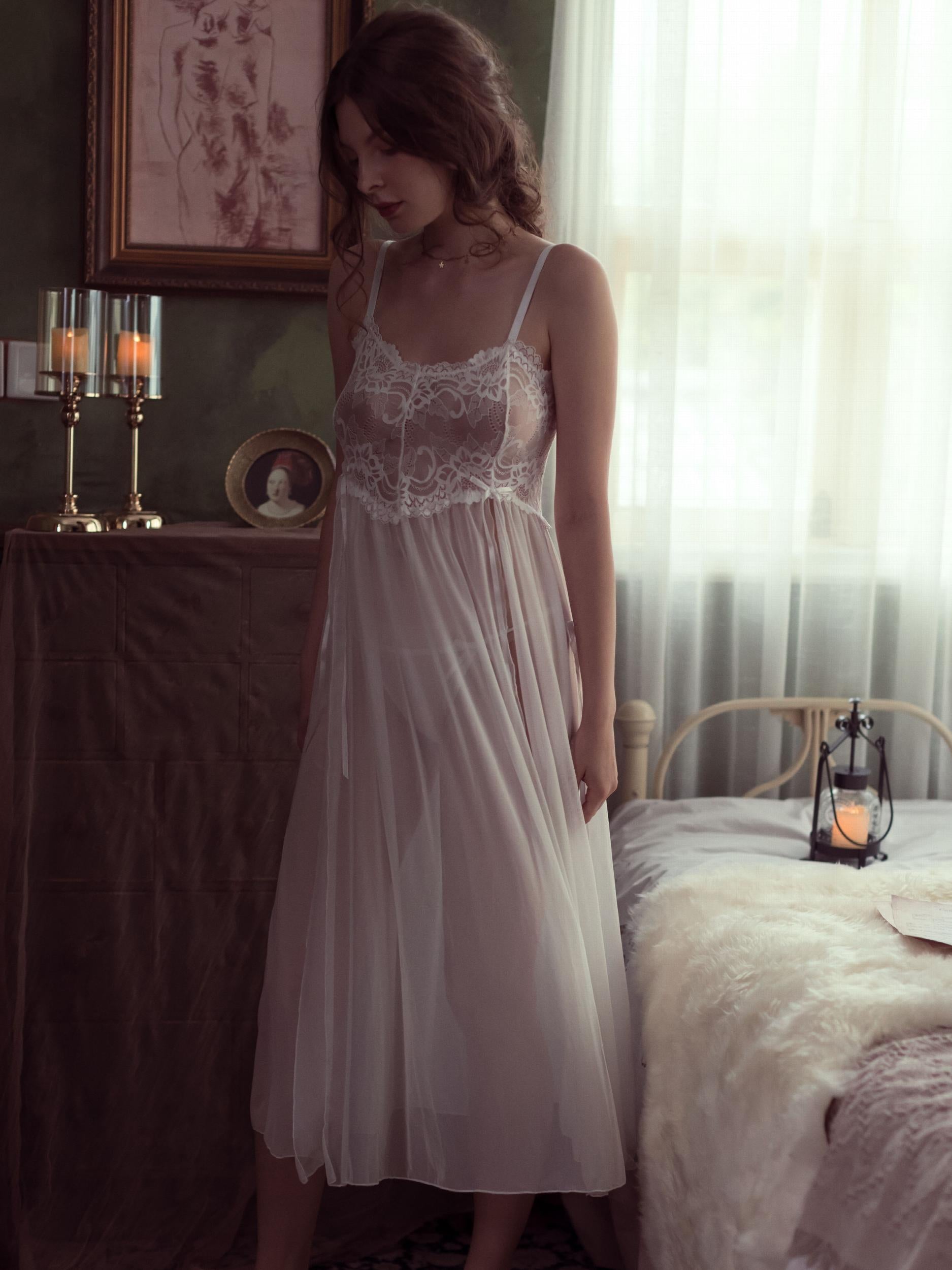 Seductive Lace Cami Long Dress Set with Matching Panty
