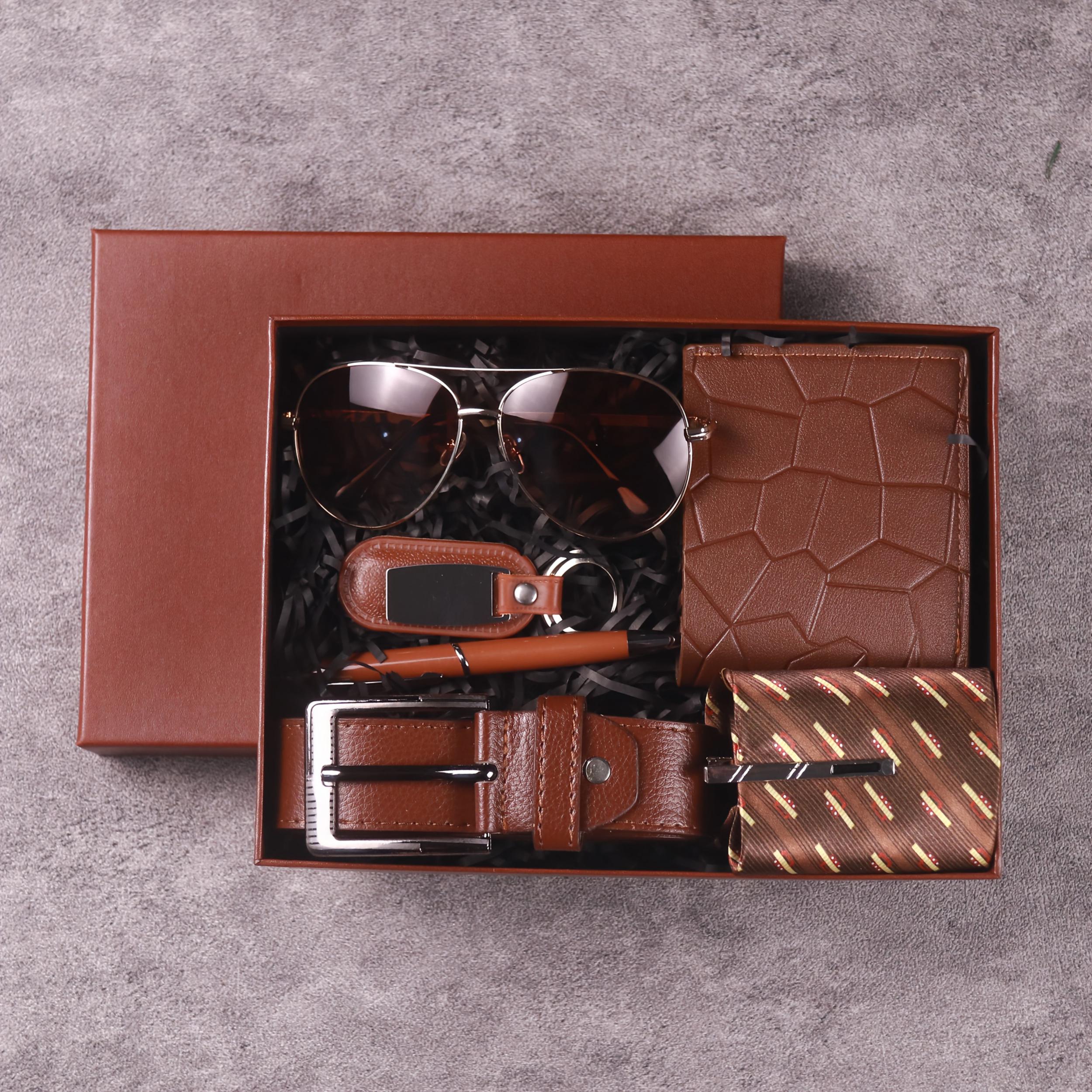 7pcs Men's Gift Set with Box Glasses Wallet Tie Tie Clip Belt