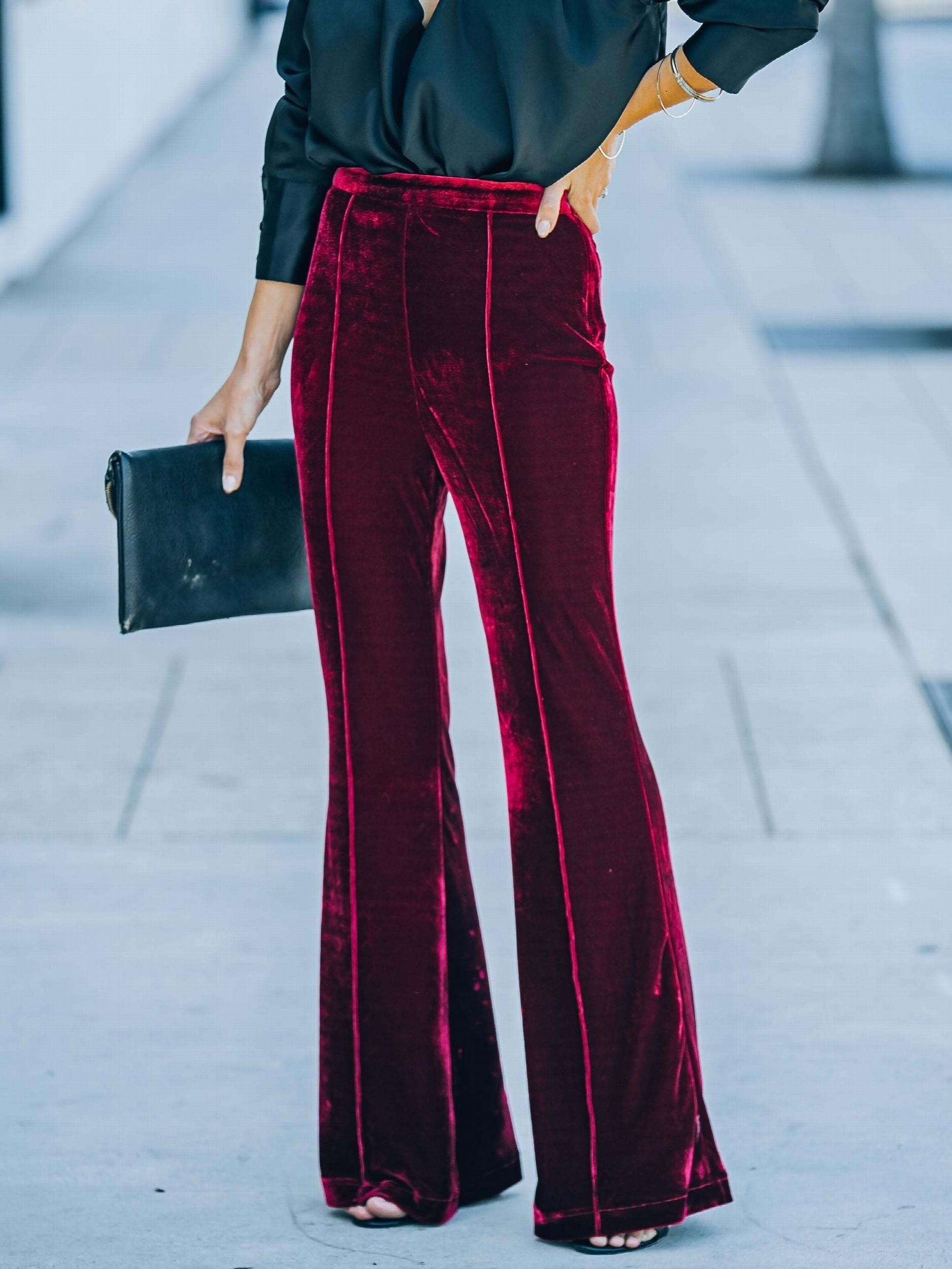  Velvet High Rise Stretch Flared Leg Trousers