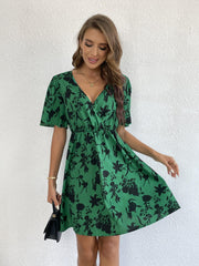 Floral Print Surplice Neck Short Sleeve Dress for Women