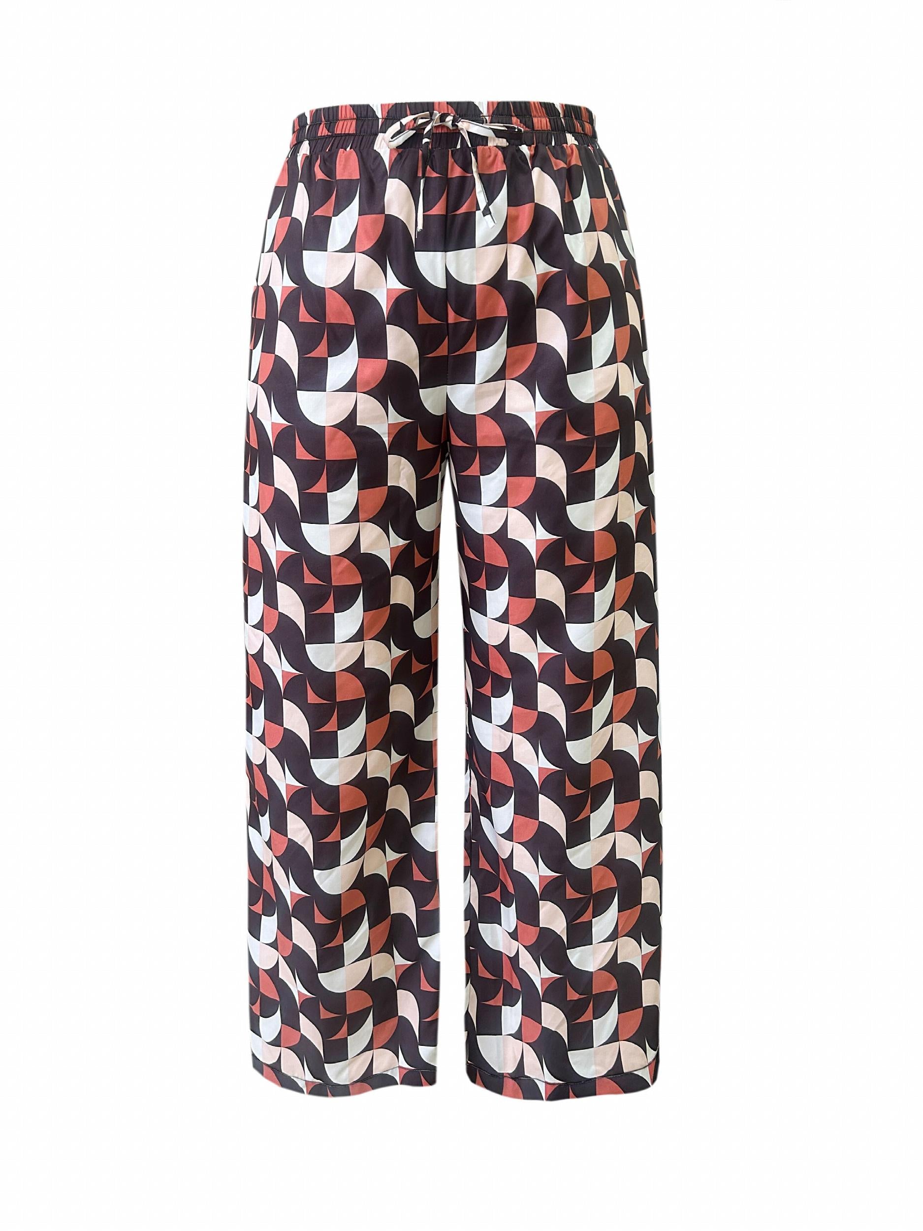 Women's Plus Geometric Print High Rise Wide Leg Trousers With Pockets