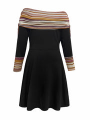  Colorblock Stripe Print Ruched Off Shoulder Dress