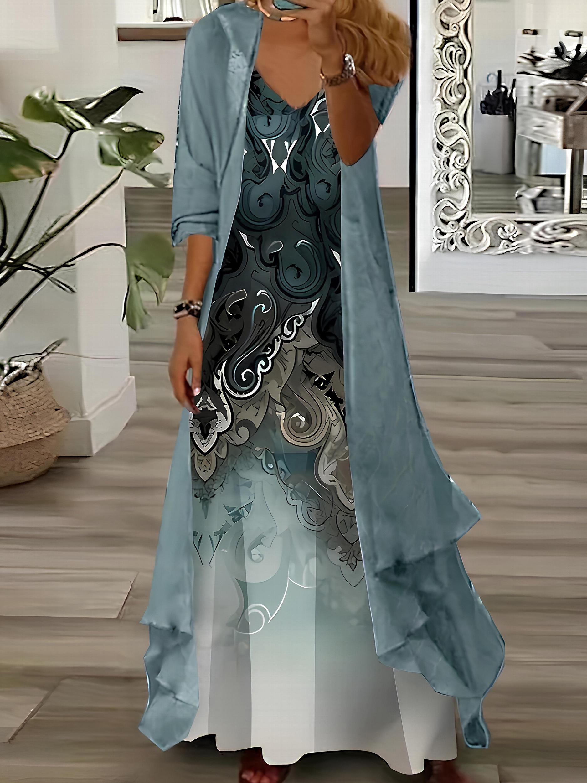 Solid Maxi Cardigan & Floral Print Dress Set
