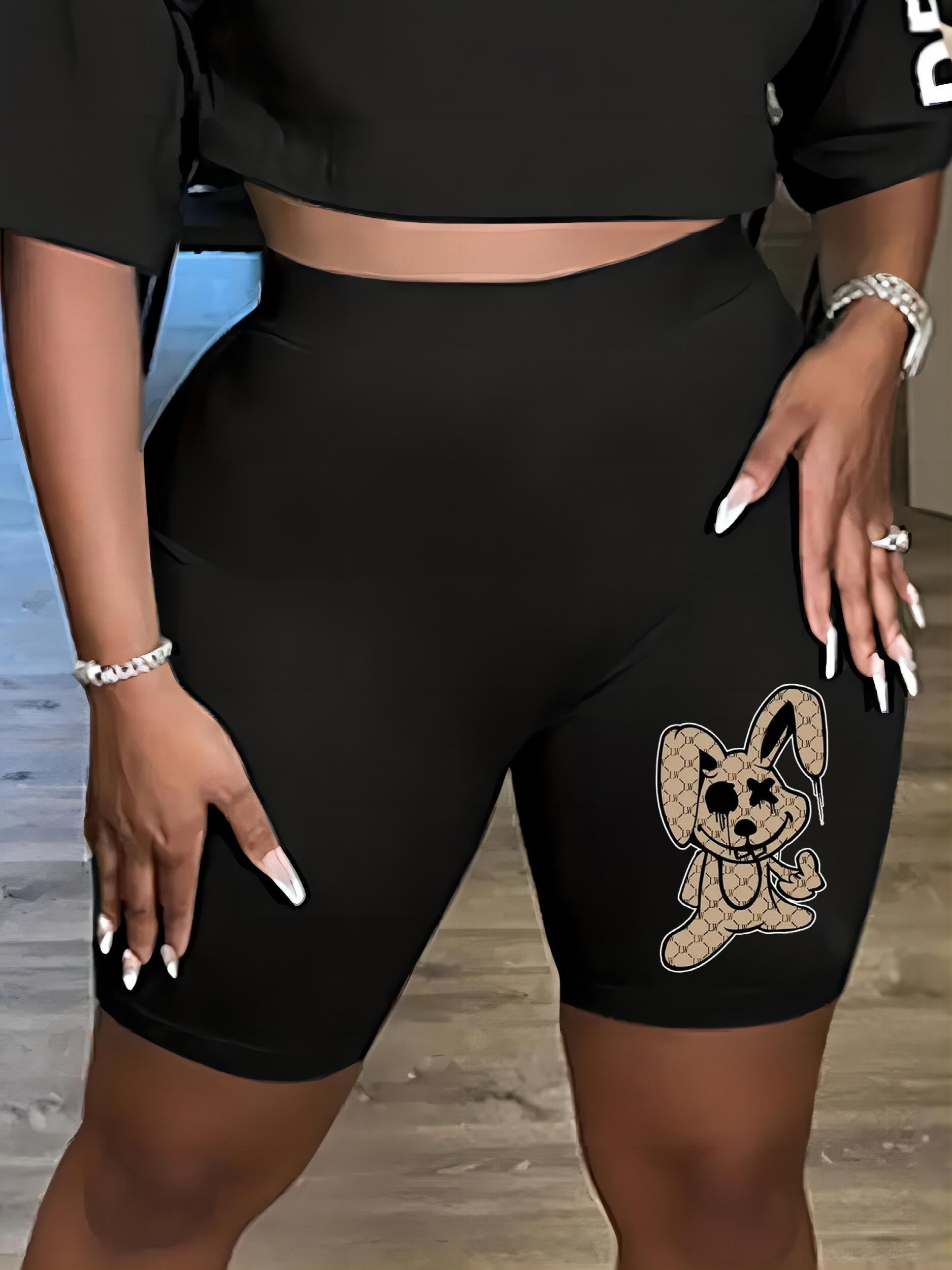  Cartoon Rabbit Print High Rise Skinny Shorts
