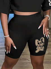  Cartoon Rabbit Print High Rise Skinny Shorts