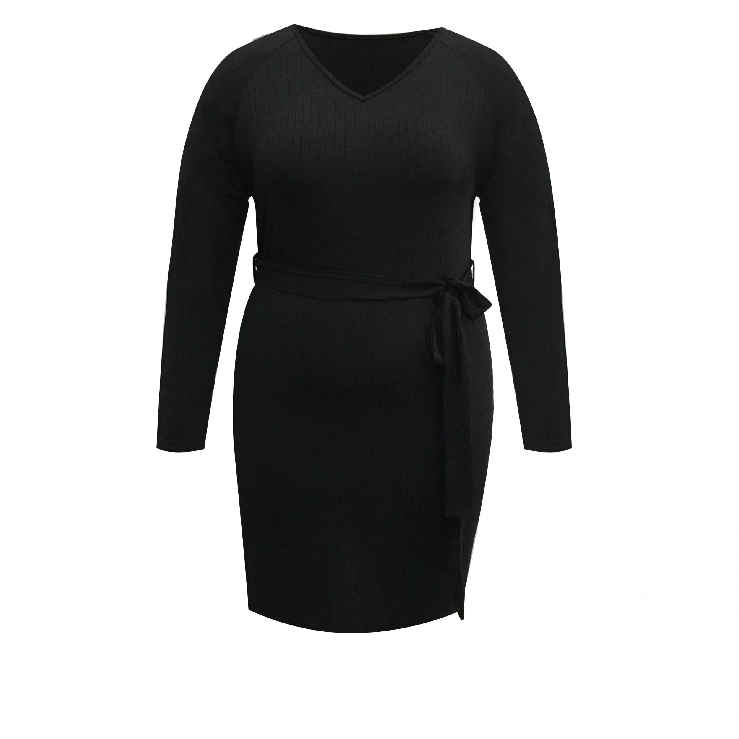  Solid Long Sleeve V Neck Dress With Belt