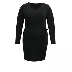  Solid Long Sleeve V Neck Dress With Belt