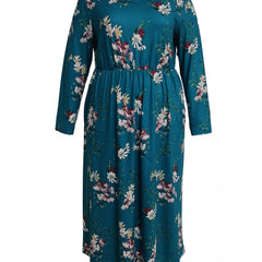  Floral Print Long Sleeve Round Neck Dress