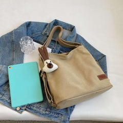 Khaki Canvas Durable Handbag Zipper Large Capacity Shoulder Bag