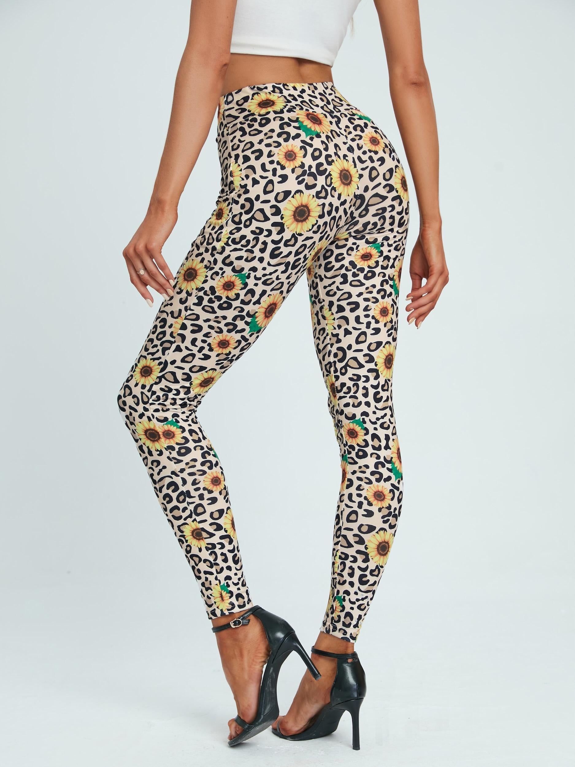 Leopard & Sunflower Print Leggings Stretchy Women's Clothing