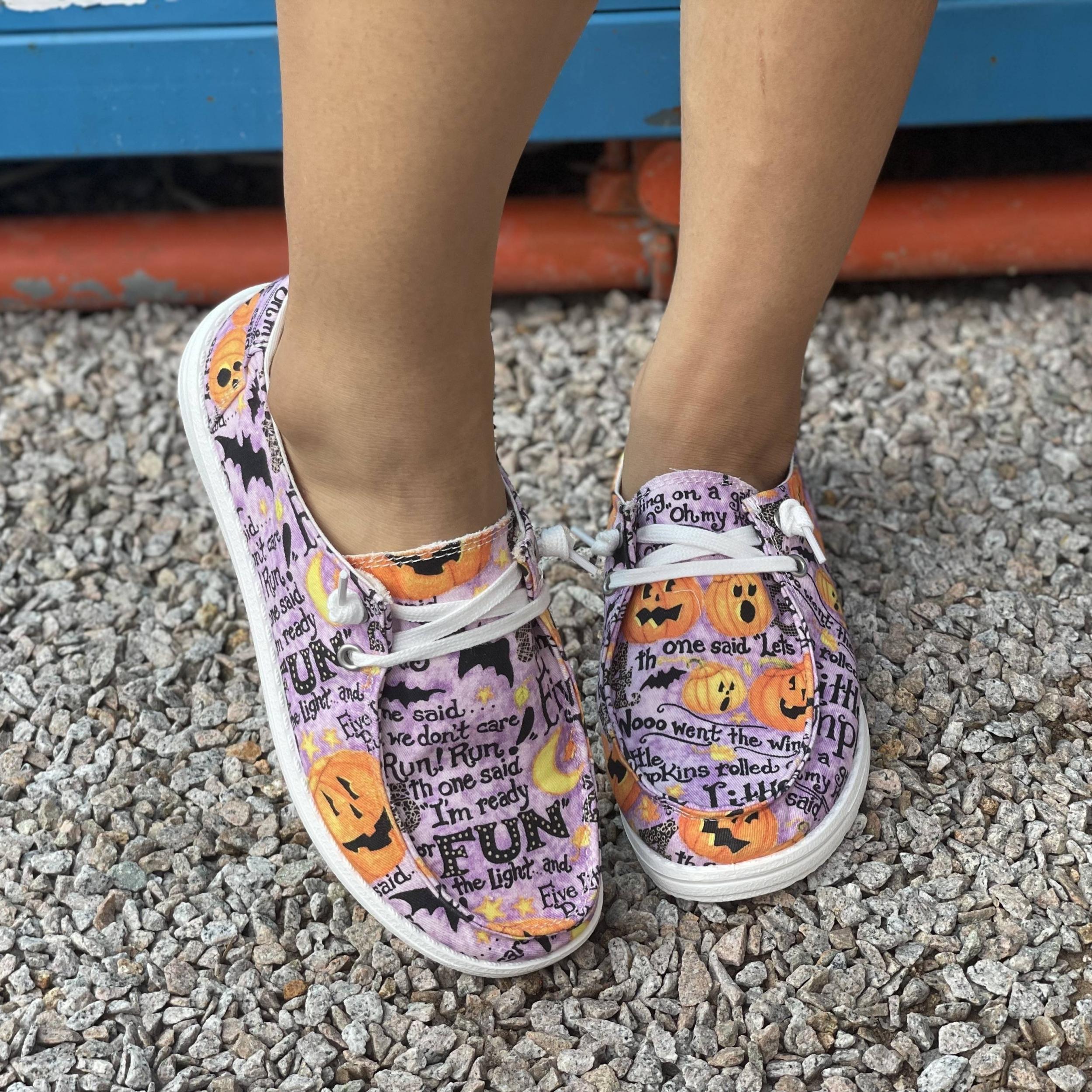 Women's Pumpkin & Letter Pattern Slip On Lightweight Flat Shoes