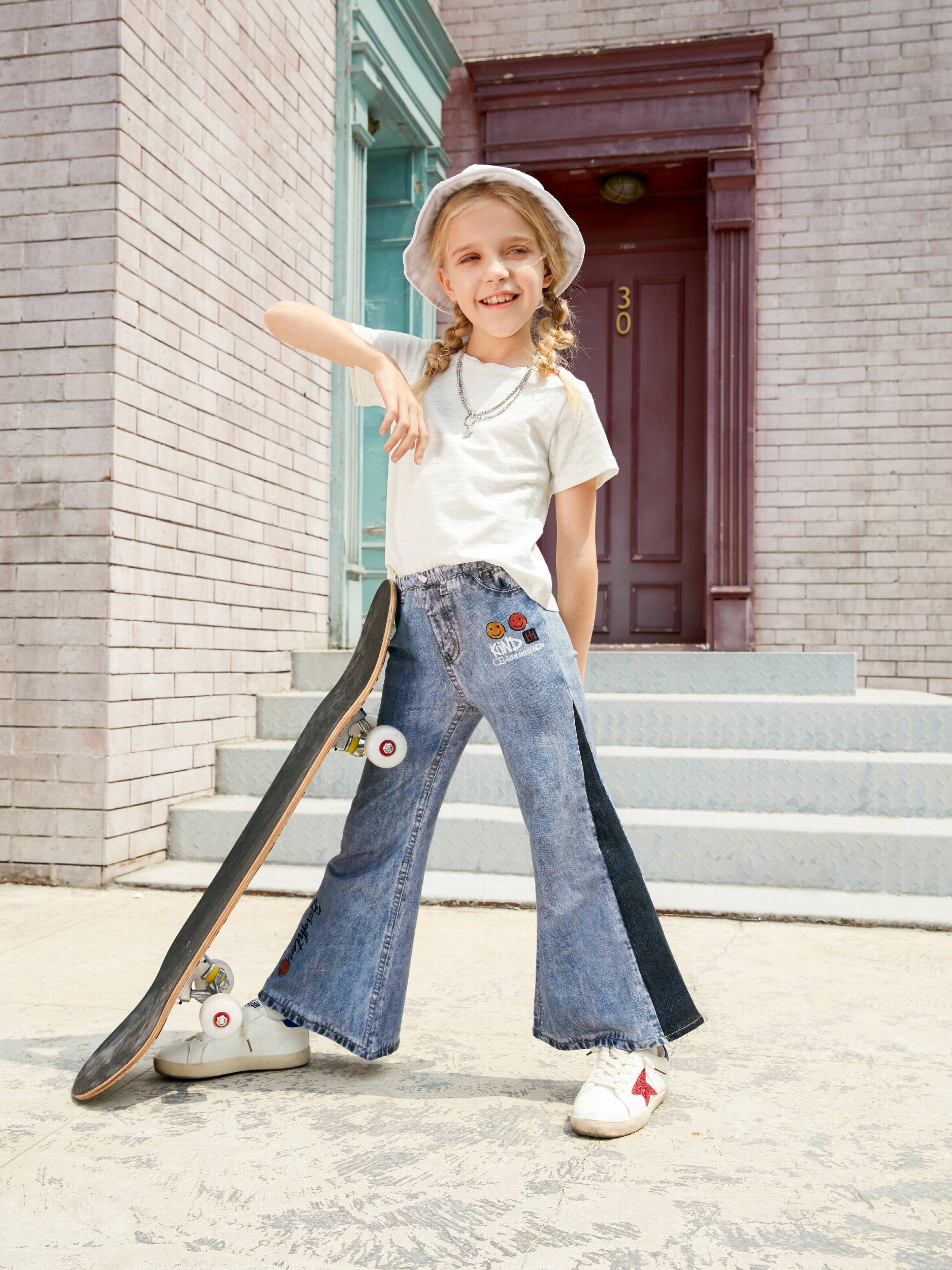 Girls Cotton Flared Faux Denim Print Bell Bottom Pants Soft Comfortable