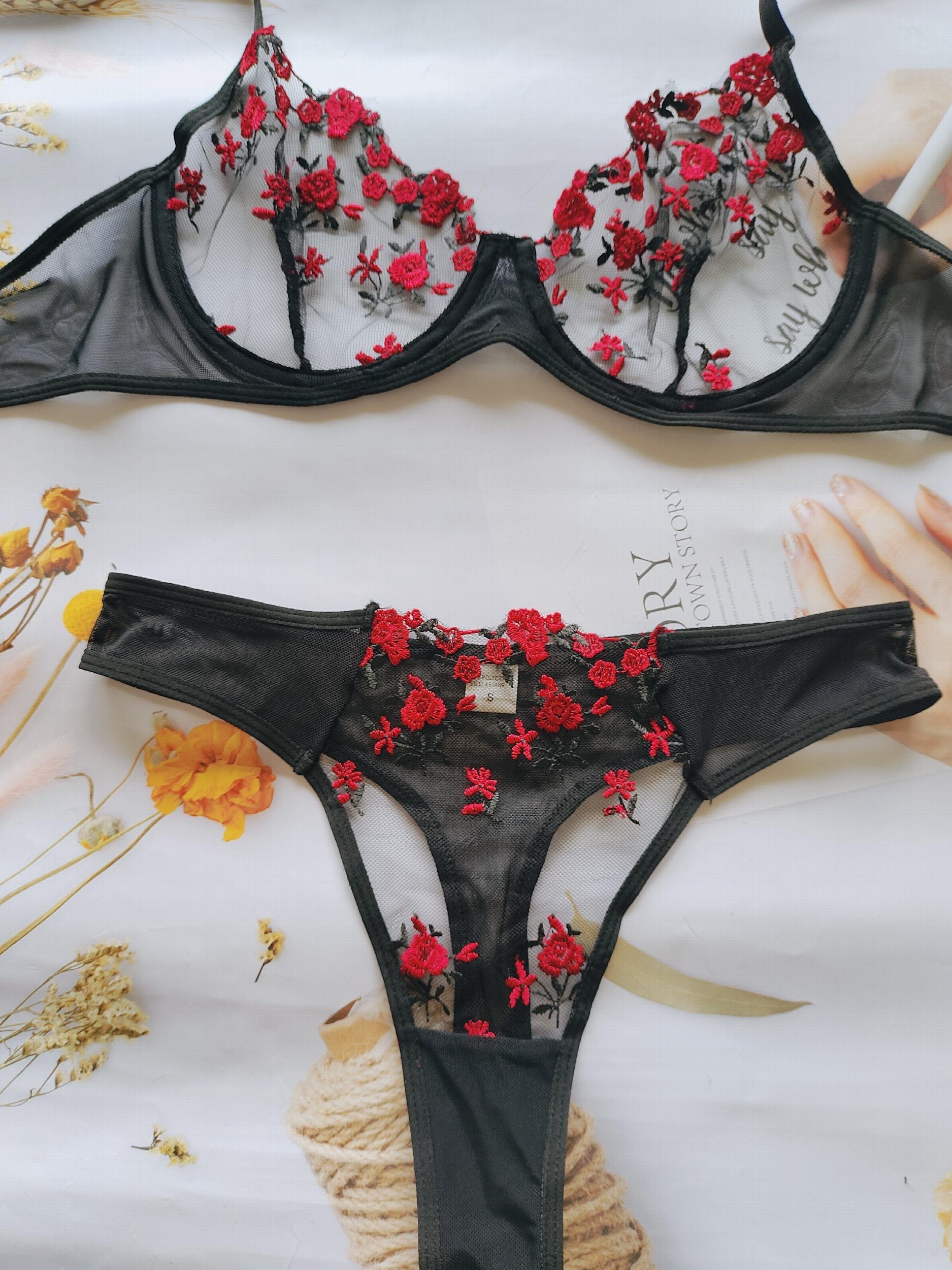  Floral Embroidered Mesh Bra & Panty Lingerie Set