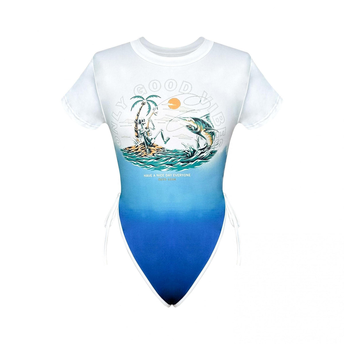 Y2K Graphic Print Crew Neck Bodysuit Short Sleeve Slim