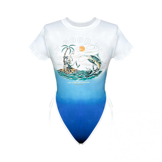 Y2K Graphic Print Crew Neck Bodysuit Short Sleeve Slim