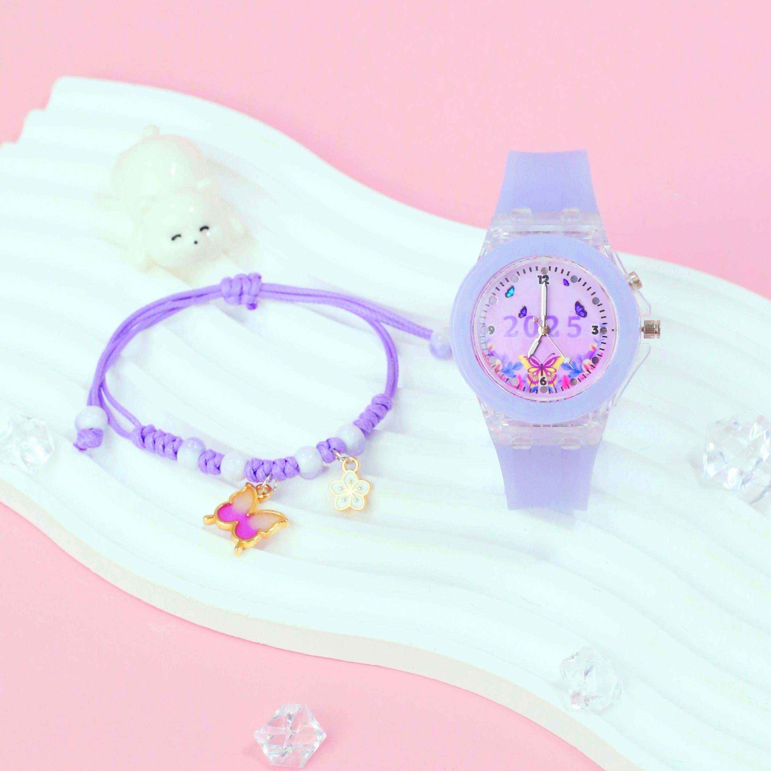 Girls' Pink Quartz Watch & Bracelet Set with Silicone Strap