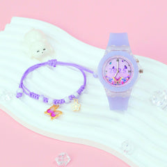Girls' Pink Quartz Watch & Bracelet Set with Silicone Strap