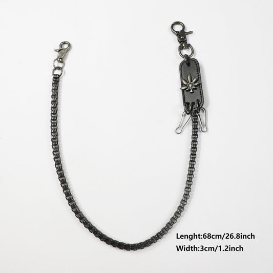 Men's Retro Metal Leaf Leather Card Plaid Waist Chain Pants Chain