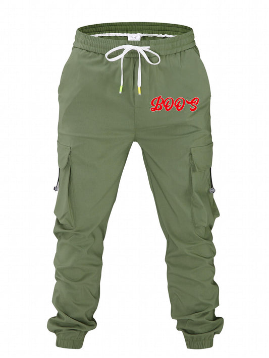 Retro Boos Letter Print Cargo Pants Men's Casual Loose Fit