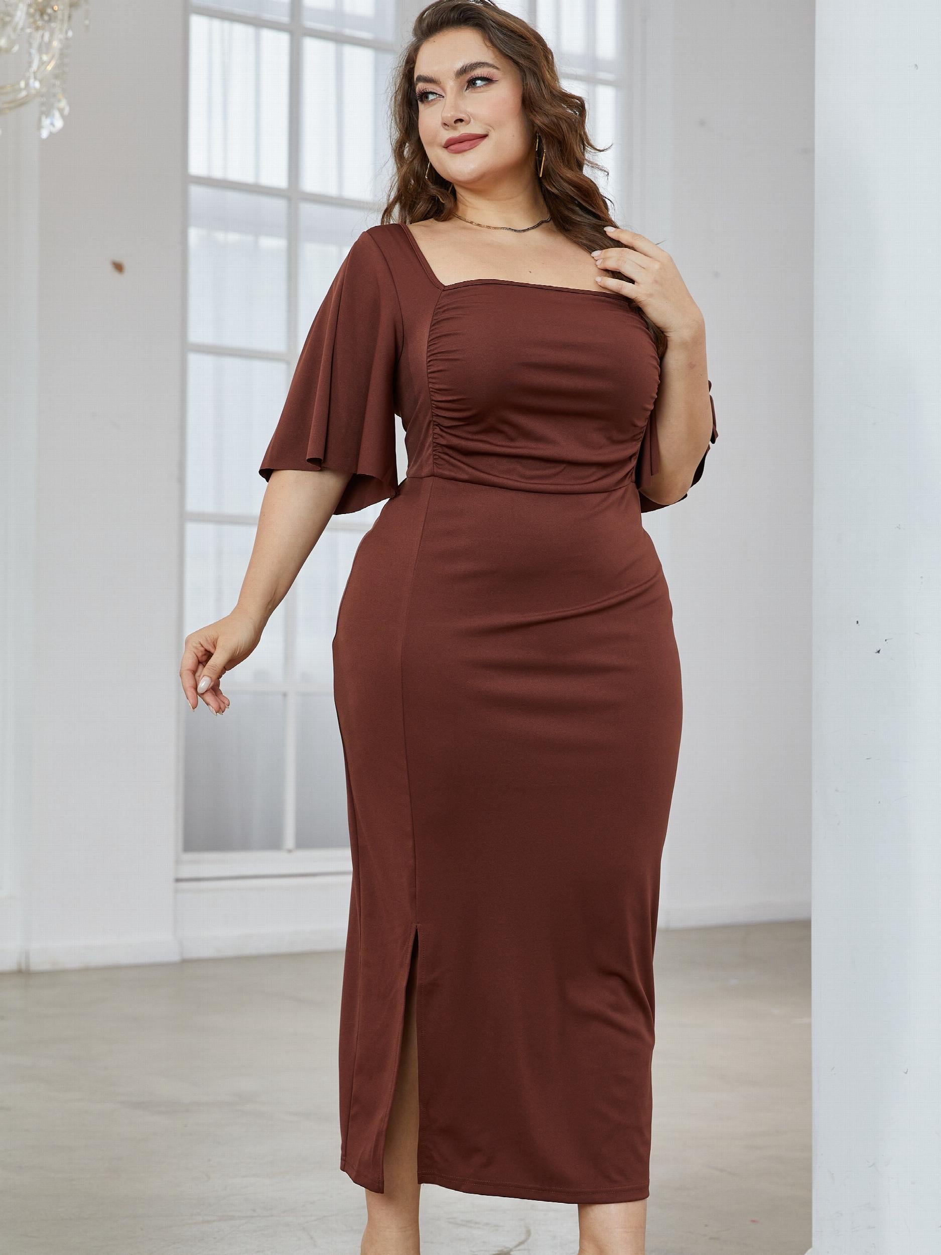  Dress Women's Plus Solid Butterfly Sleeve Square Neck