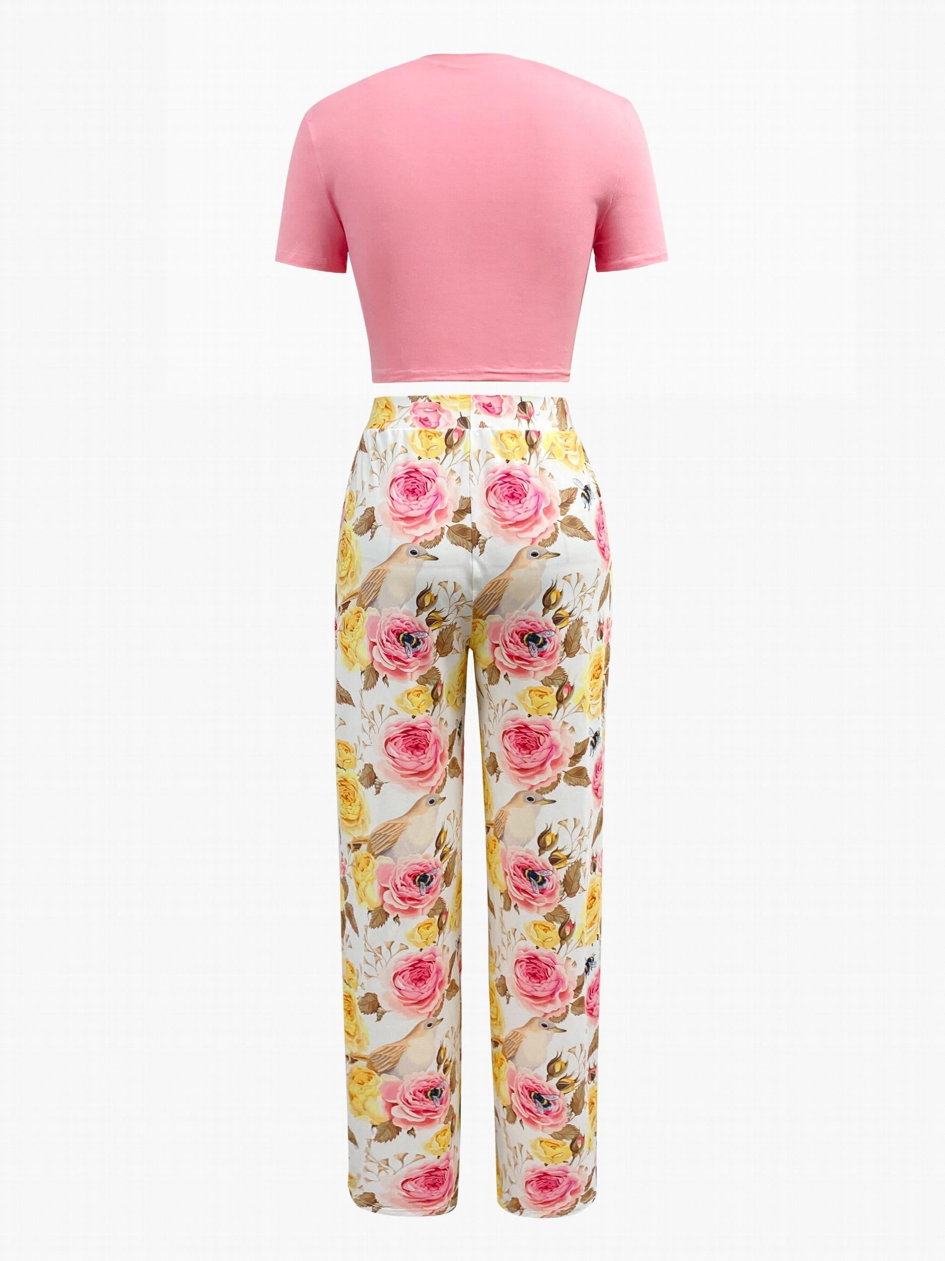 Boho 2pc Set Short Sleeve Crop Top & Wide Leg Pants Outfit