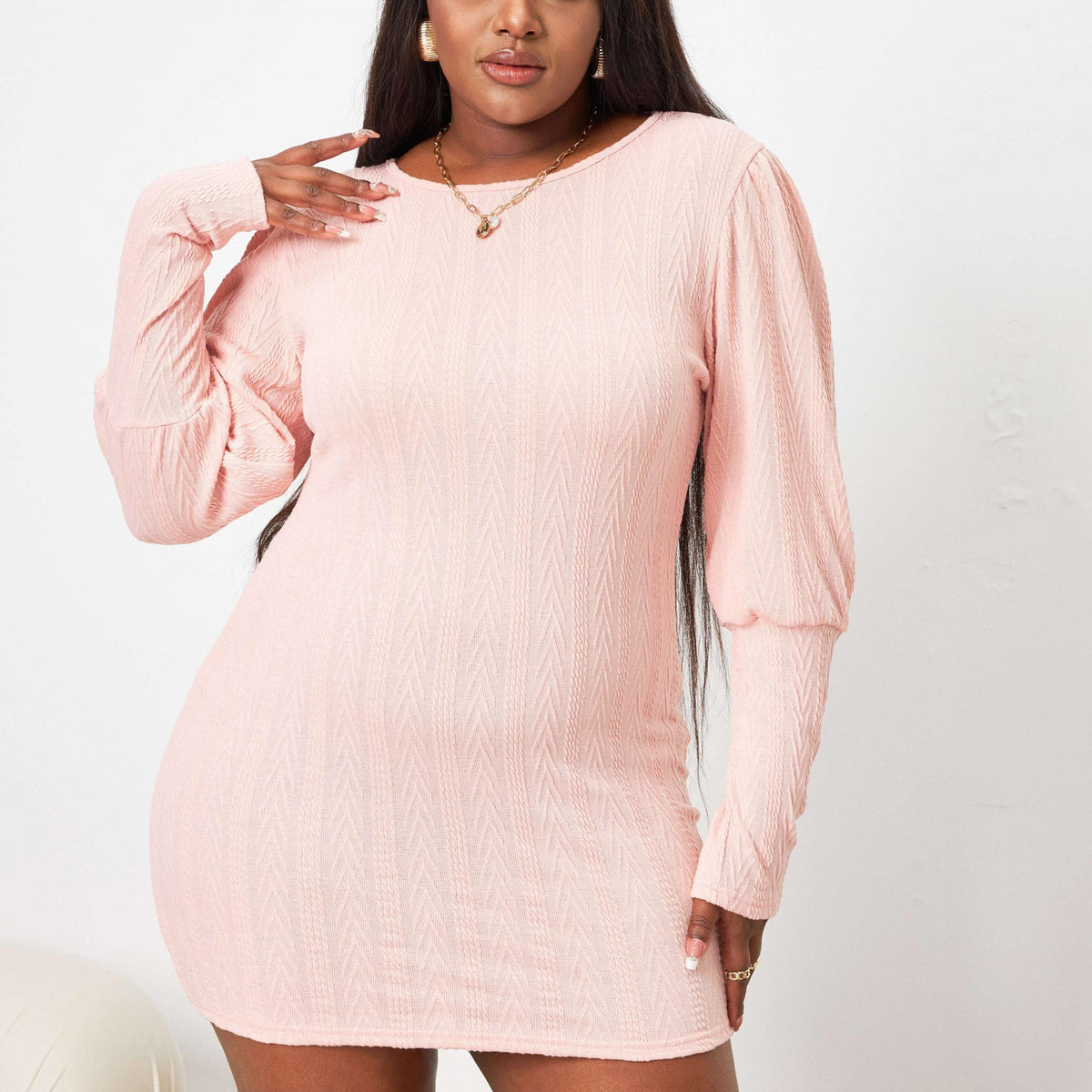  Textured Long Sleeve Bodycon Midi Dress