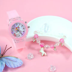 2pcs Girls' Quartz Watch Bracelet Set LED Glow Rainbow Unicorn Beaded Bracelet