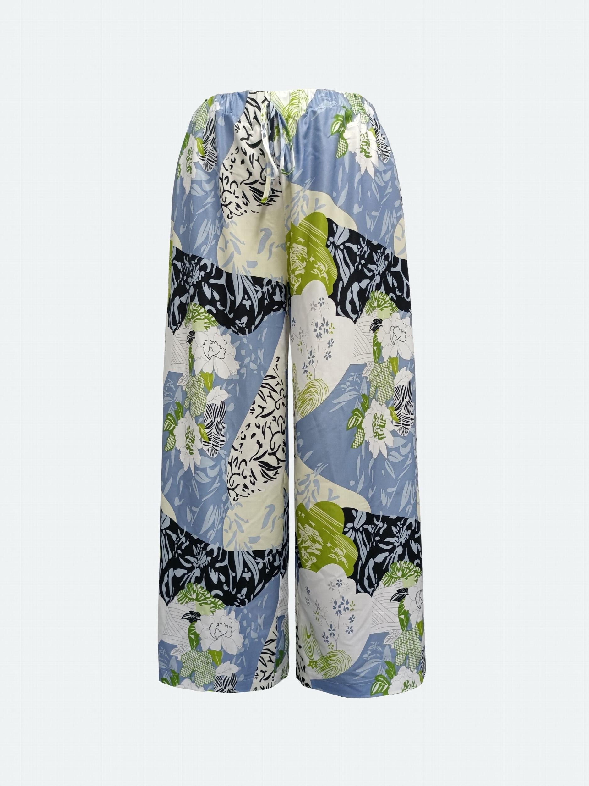  Colorblock Floral Print Wide Leg Trousers