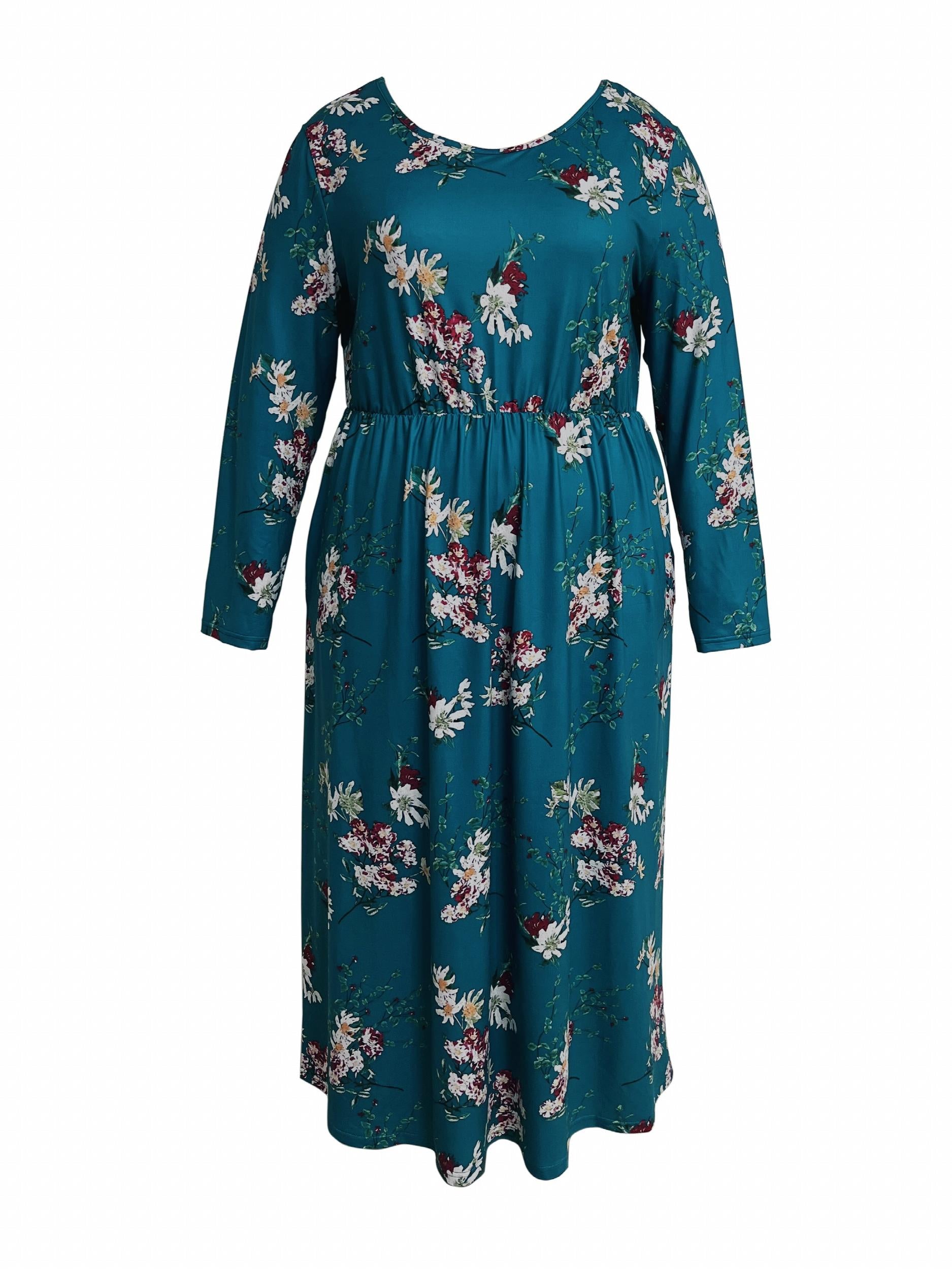  Floral Print Long Sleeve Round Neck Dress